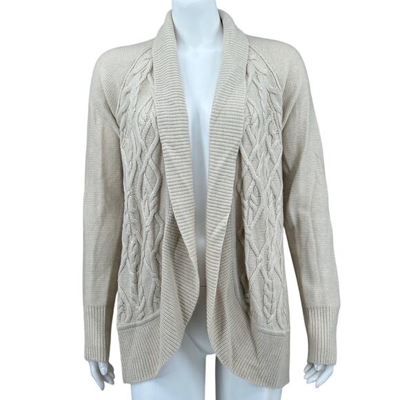 Talbots Sweater Womens Medium Tan Cable Knit Cardigan Lambswool Fisherman Office - Picture 1 of 9